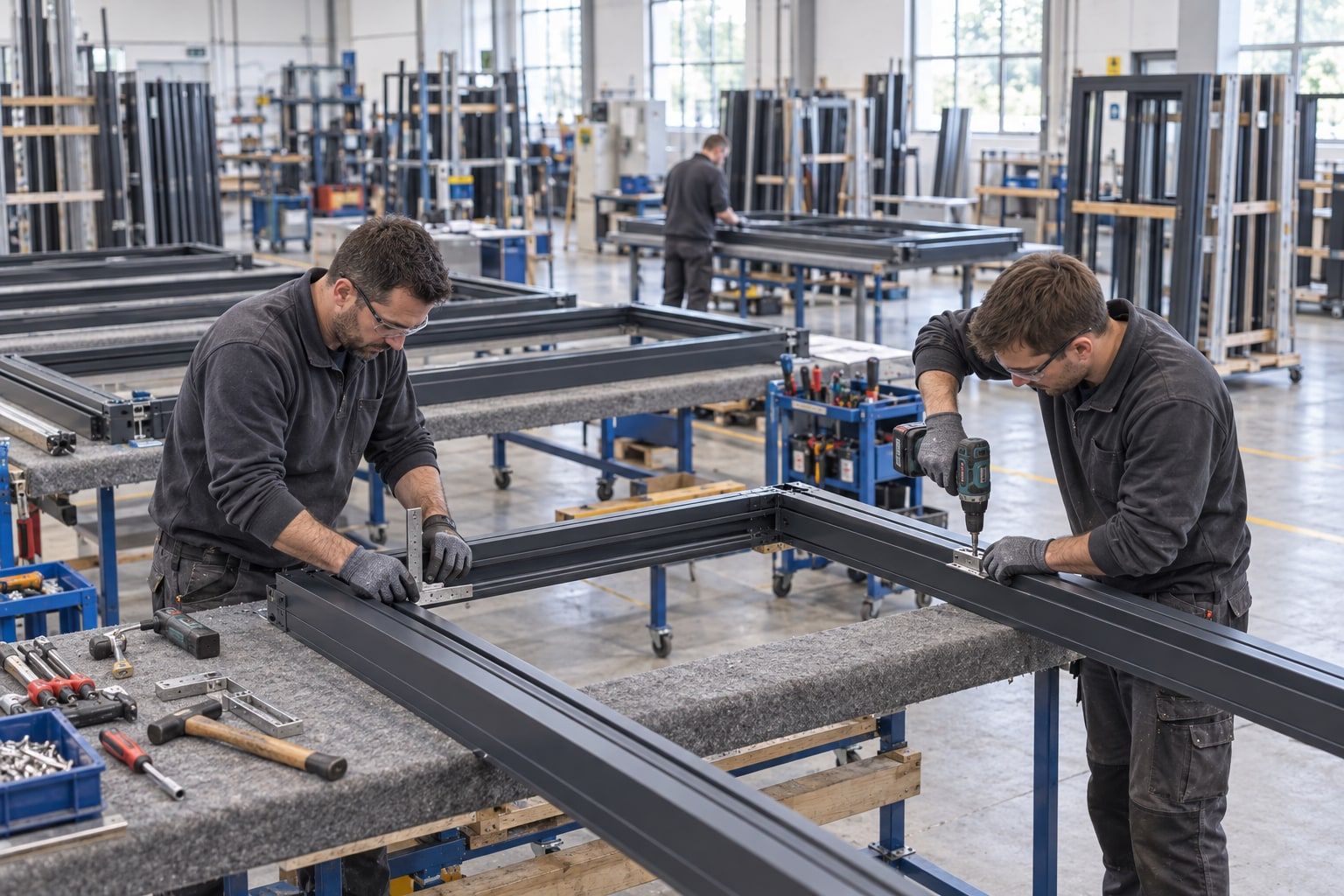 Deux menuisiers assemblent des cadres en profilés aluminium sur un établi, en atelier