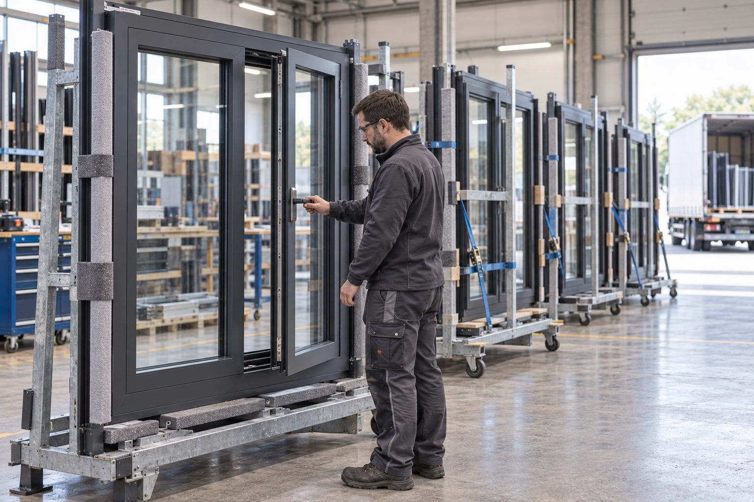 Menuisier contrôlant un châssis coulissant aluminium sur un chevalet, en atelier