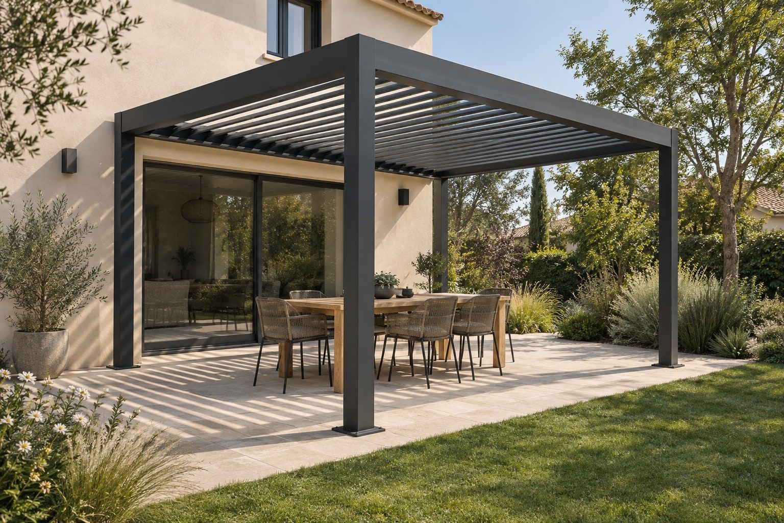Pergola bioclimatique aluminium à lames orientables au-dessus d'une terrasse de maison