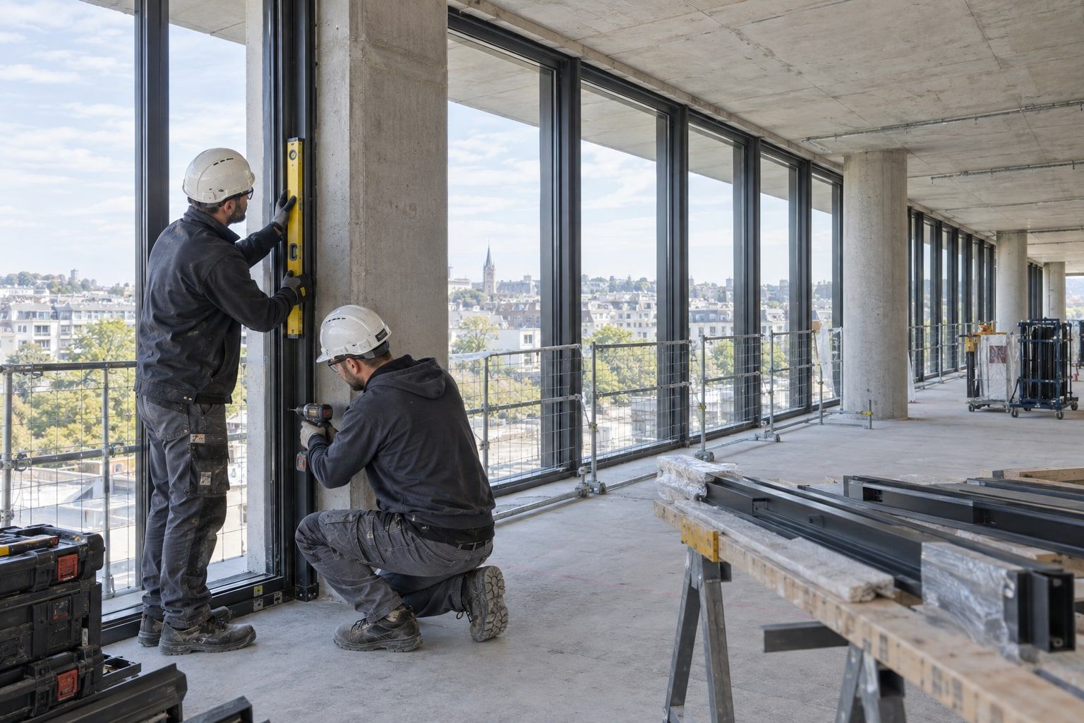Deux poseurs règlent des menuiseries aluminium toute hauteur sur un plateau de bureaux